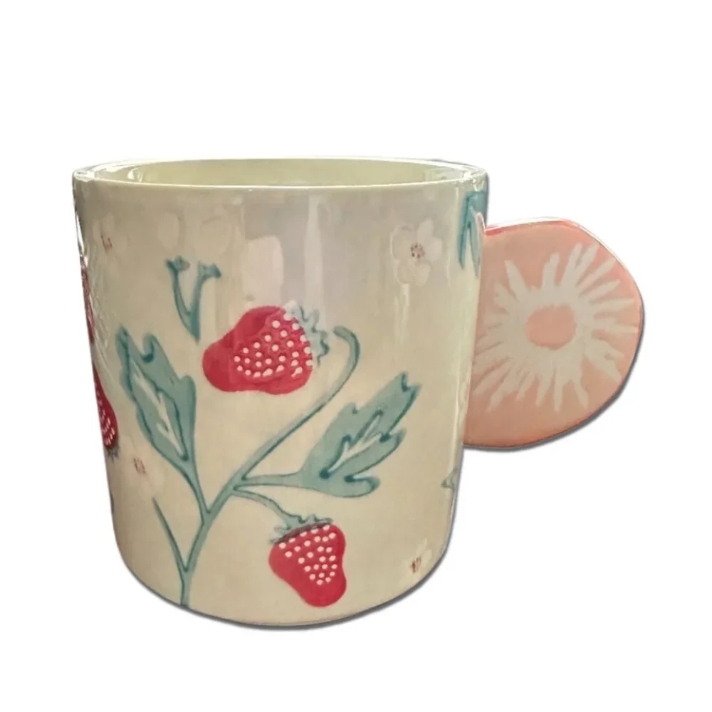 Ceramic Strawberry Print Coffee Mug with Flower Handle - Picture 3 of 4
